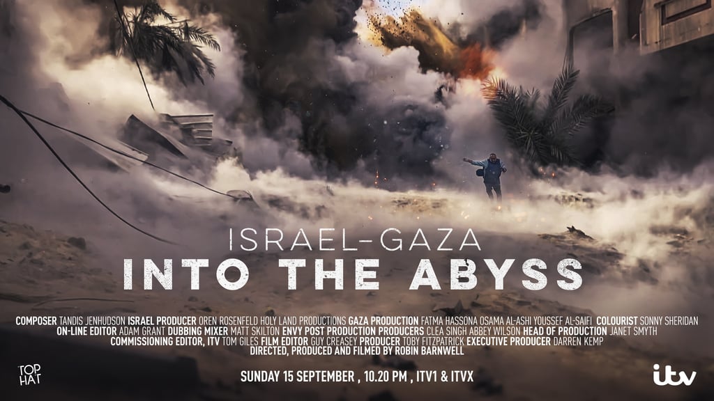 Movie poster for Israel-Gaza Into the Abyss documentary showing a man running through war zone rubble.