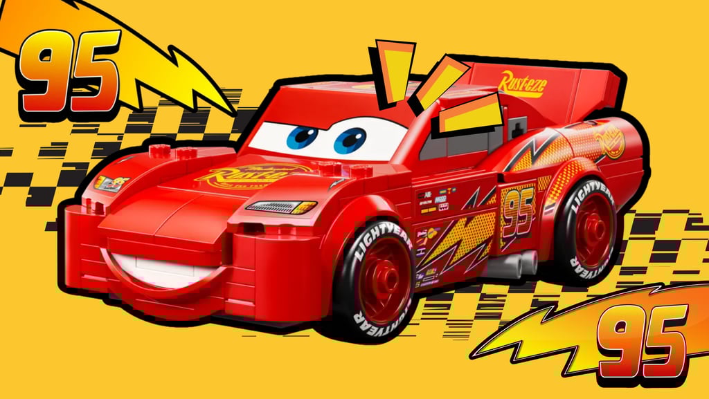 LEGO Lightning McQueen with yellow background, big smile, and number 95 lightning bolts.