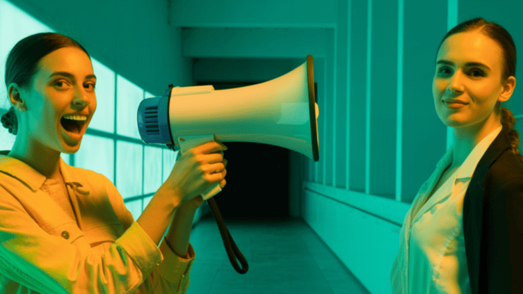A woman using a megaphone to amplify her voice, representing audiobook narration and the AI vs human