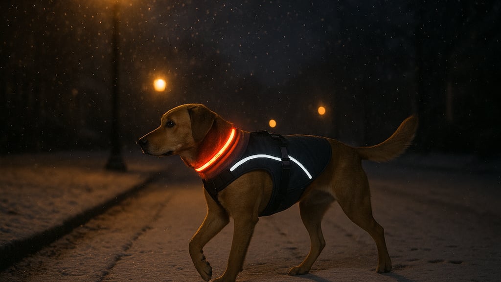 Dog wearing reflective harness and LED collar on a safe winter night walk in Burlington