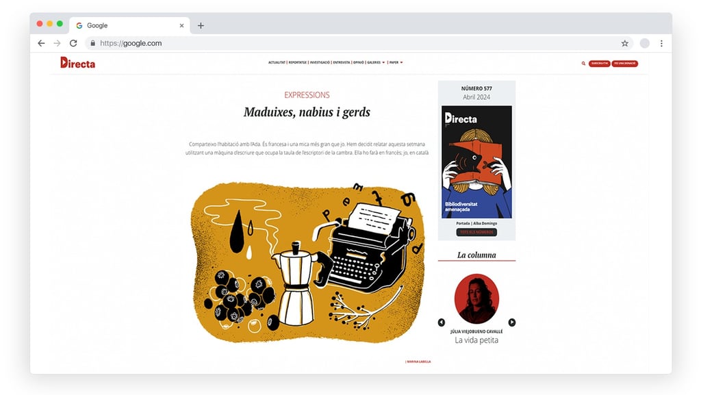 webpage of an article page showing an illustration with a typewriter and coffee