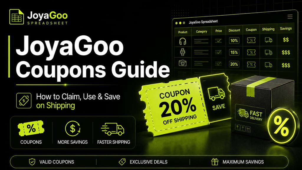 JoyaGoo Coupons guide showing how to claim shipping discounts and save with the JoyaGoo Spreadsheet
