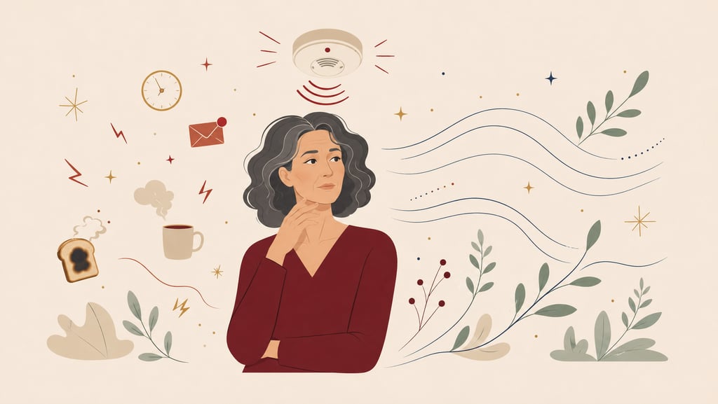 Illustration d’une femme à la ménopause dont le système de stress reste en alerte, entre sollicitati