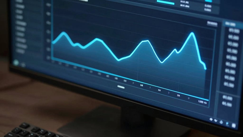 Tight overhead crop of a glowing analytics dashboard on a dark monitor, electric blue data curves visible mid-screen, single keyboard edge in lower frame, cool LED ambient light, high contrast
