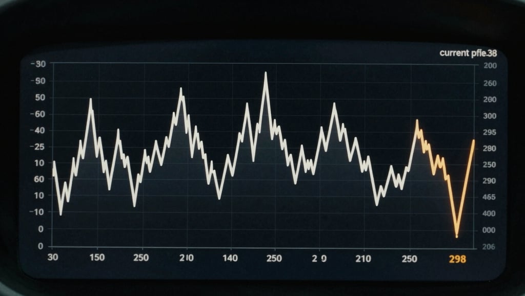Dark dashboard UI mockup showing a price history line chart on a near-black panel, x-axis spanning 90 days, y-axis showing dollar amounts, a jagged white line tracing price movement with one sharp drop highlighted in amber at the rightmost data point labeled 'current price', minimal grid lines in dark gray, no text labels