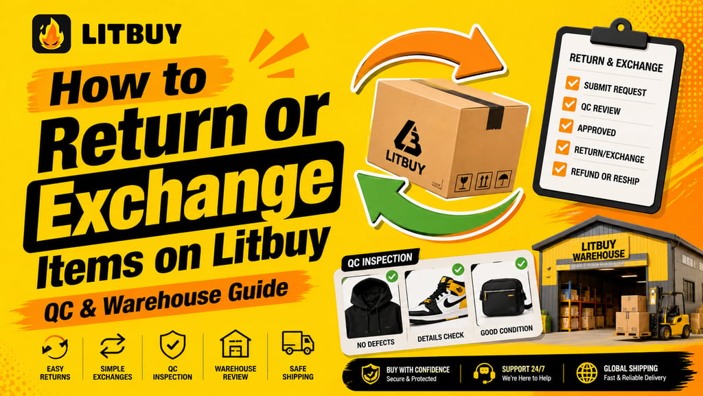Litbuy return and exchange guide showing QC inspection, warehouse review and refund process