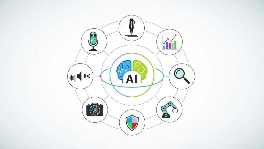 A graphic with icons representing different AI applications around a central brain icon
