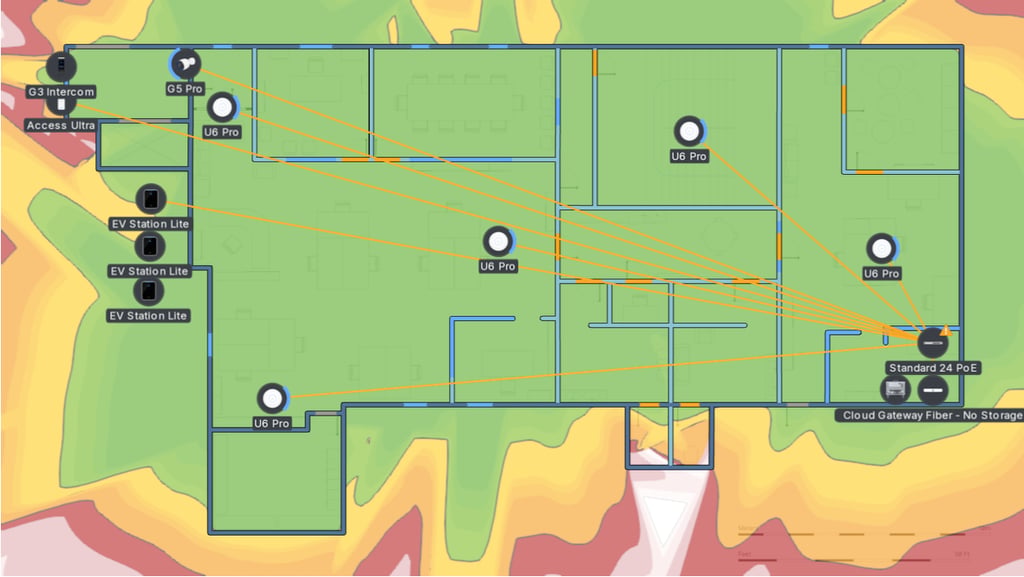 Wifi map of an office building containing various UniFi Devices.