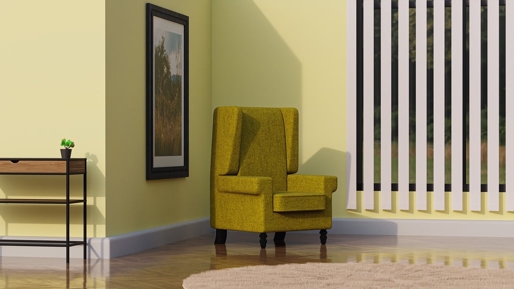 a yellow chair in a yellow room with a plant in the corner and table