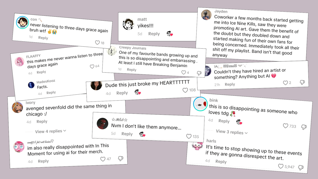 A collage of 12 comments from the TikTok video's comment section angry about the AI visuals.