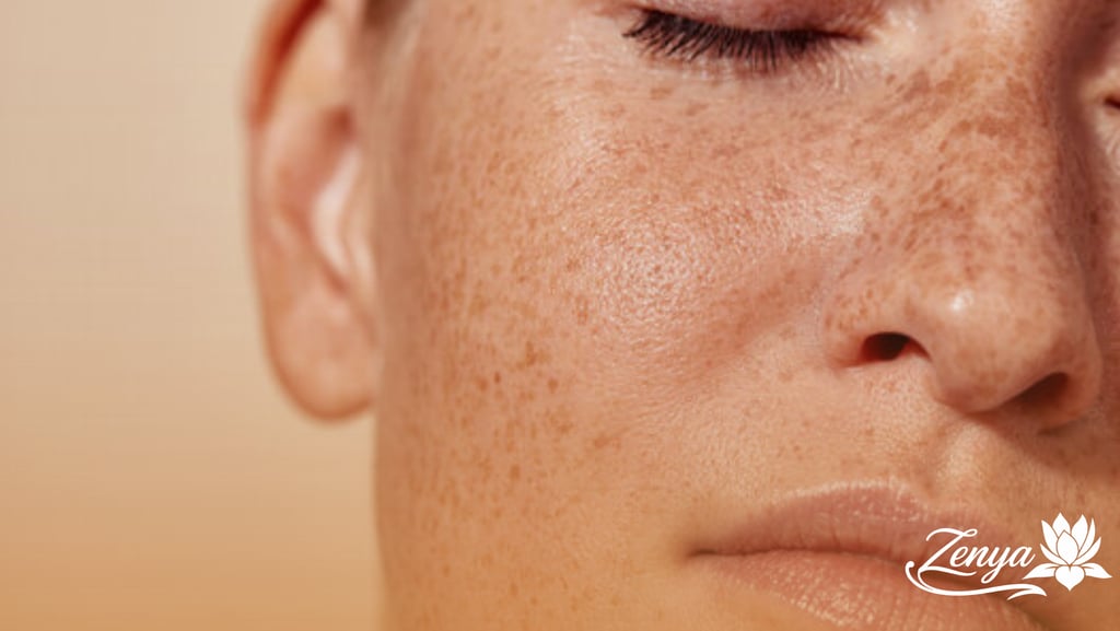 Primer plano de piel natural con pecas y logo de Zenya, representando el cuidado facial y la belleza