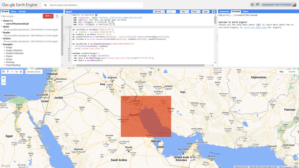 Kuwait AOI for algal blooms in google earth engine