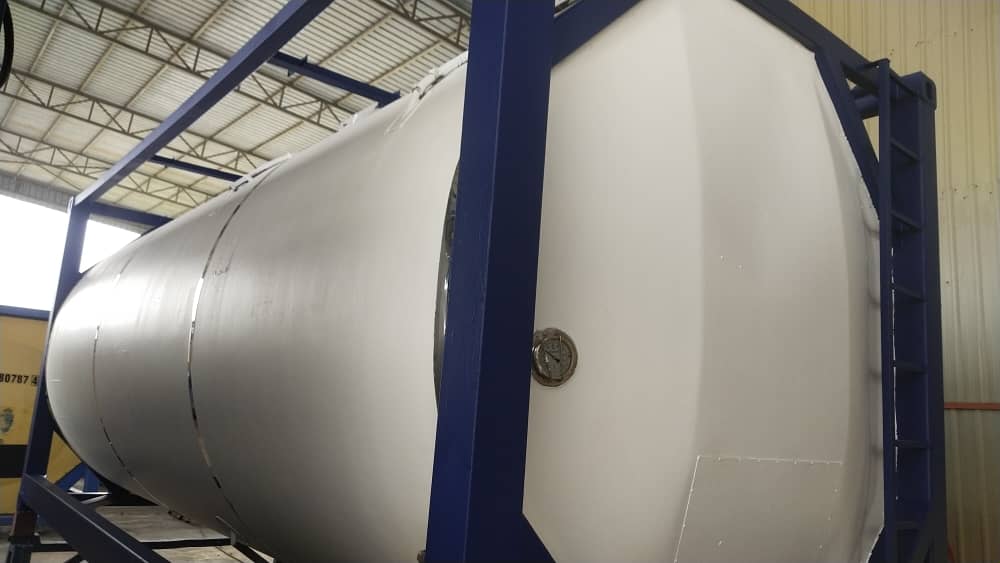 a large white tank sitting on top of a metal rack