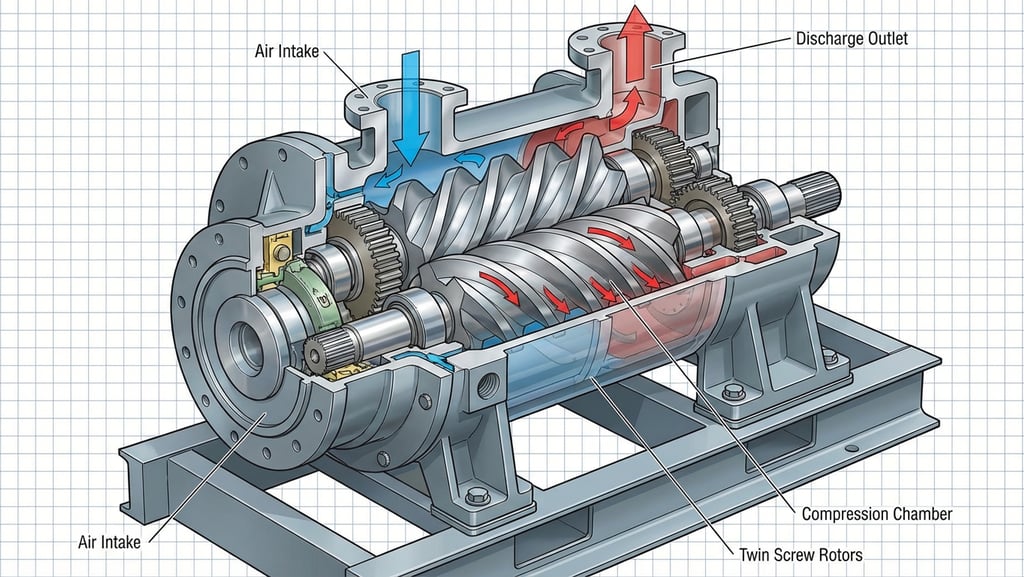 rotary screw air compressor rotor structure showing how air is compressed