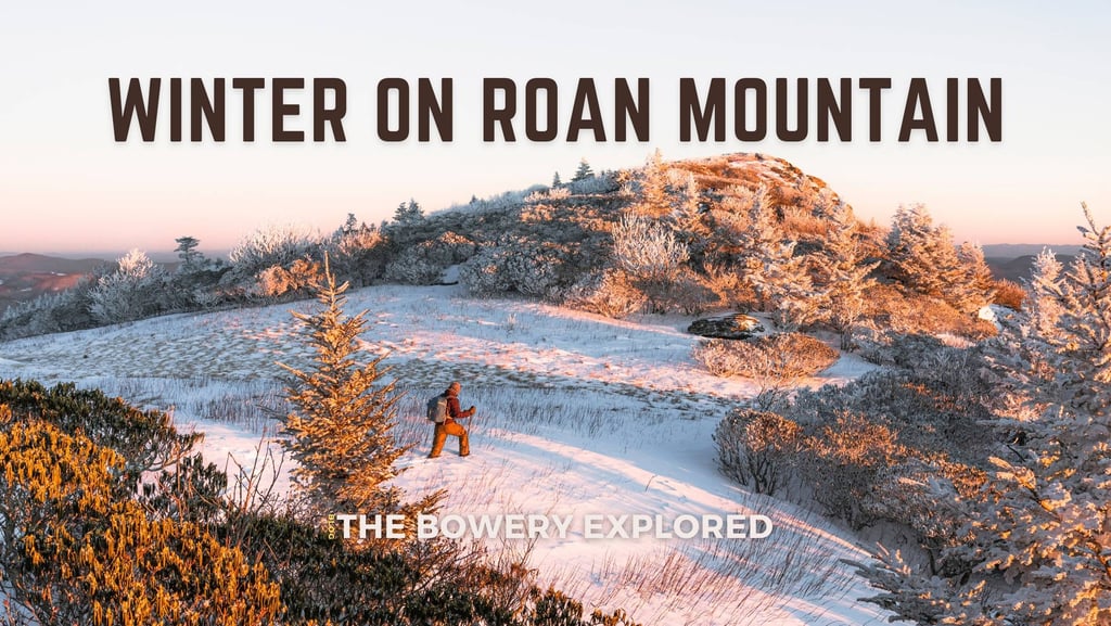 A hiker trekking through snow on Roan Mountain during a scenic winter sunrise in the Appalachian Mountains.