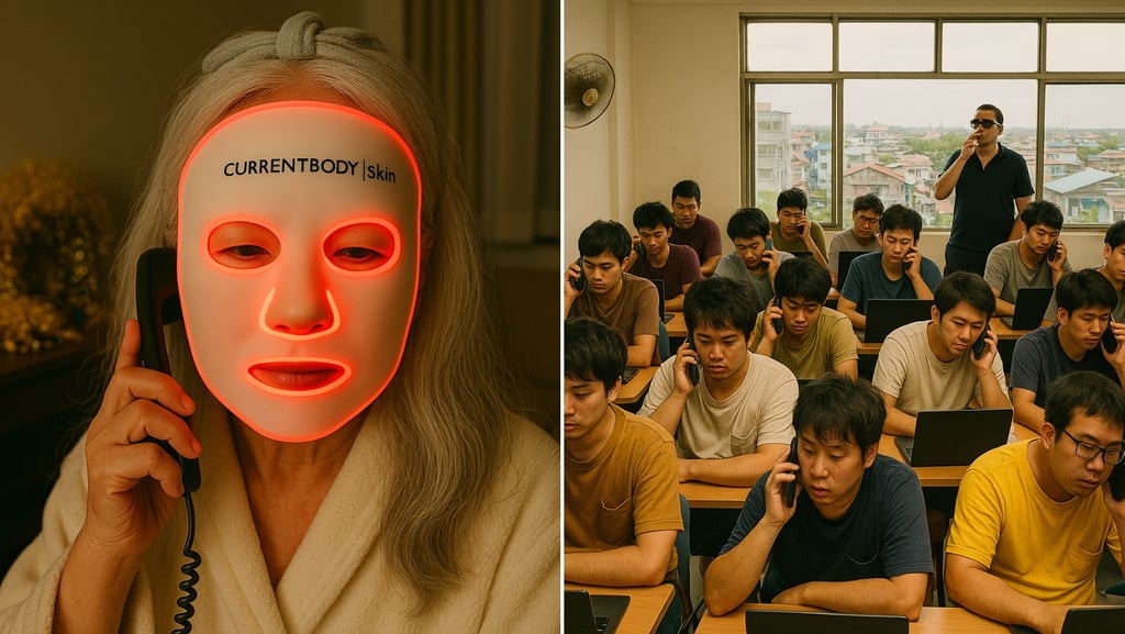 特殊詐欺の電話を受ける女性と電話をかける複数の男性たちのイメージ画像｜堺市のニュースならサカイタイムズ