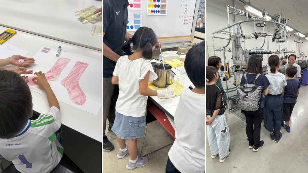 福助大阪事業所で小学生が靴下デザイン、染色体験、編み機見学をする様子｜堺市のニュースならサカイタイムズ