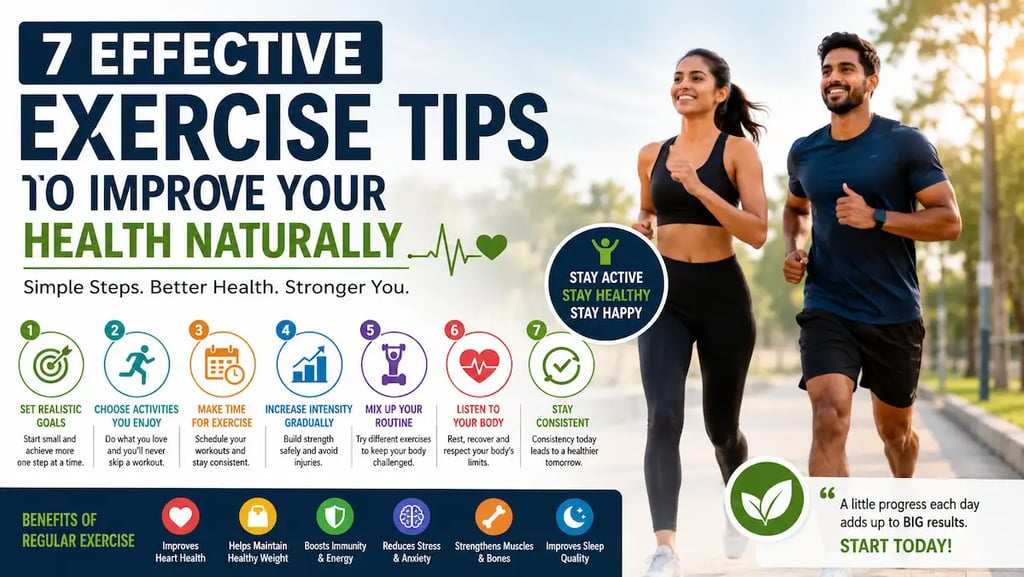 Infographic showing seven effective exercise tips to improve health naturally