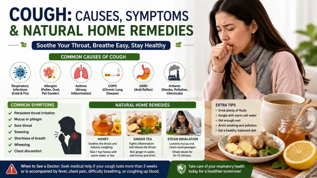 Natural home remedies for cough including honey, ginger tea, steam inhalation