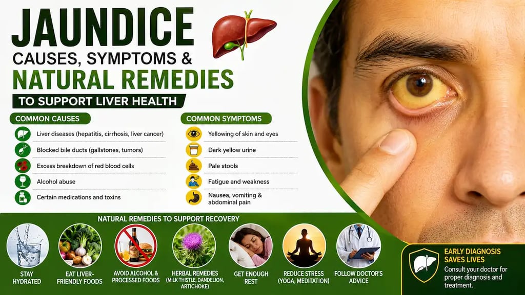 infographic showing yellow eyes, liver illustration, common causes, symptoms
