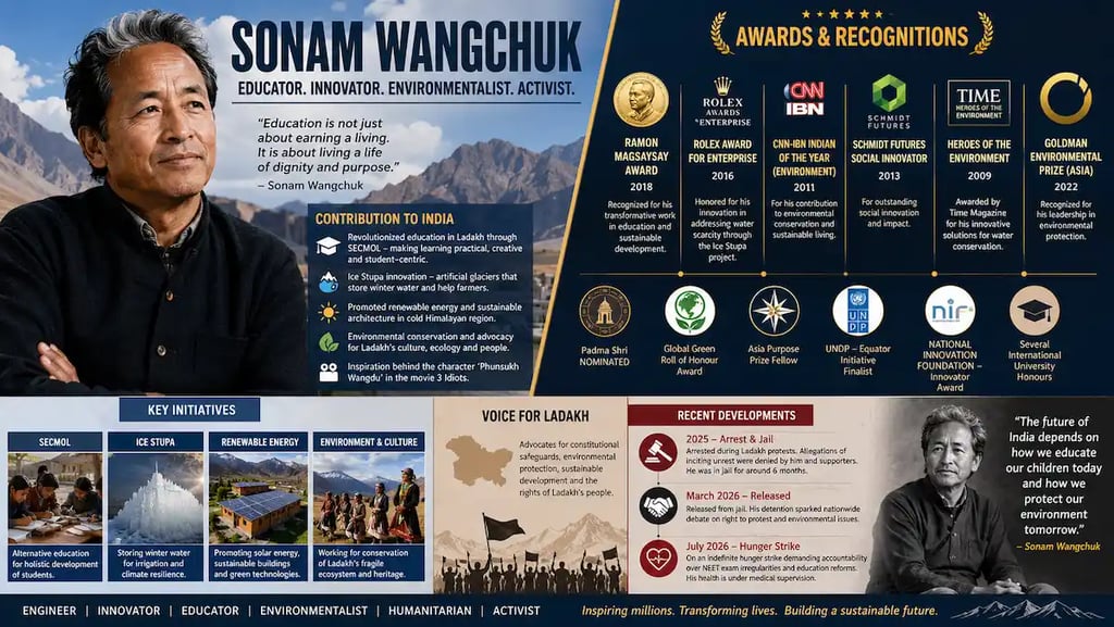 Infographic of Sonam Wangchuk highlighting his contributions to India, awards and recognitions