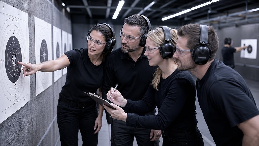 Teammitglieder analysieren das Trefferbild der letzten Übung.