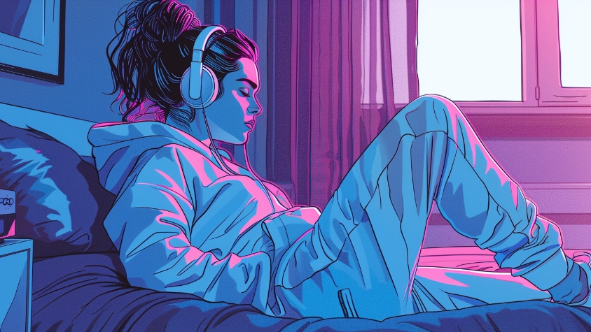 Woman sat with headphones, hair in a ponytail and a tracksuit, listening to must on a bed