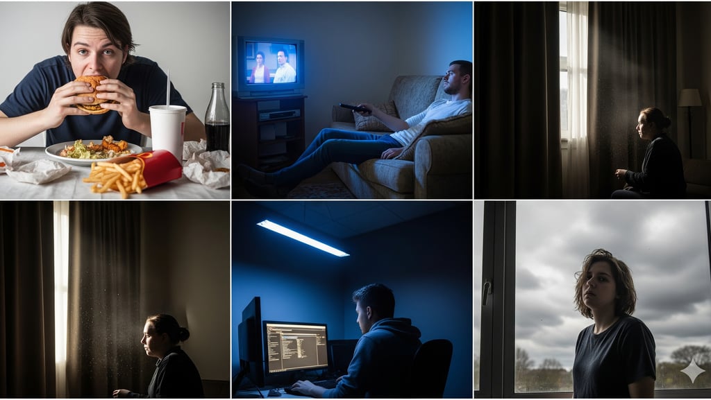 Ein Foto-Collage, die verschiedene Ursachen von Müdigkeit darstellt, darunter Fast Food, Bewegungsma
