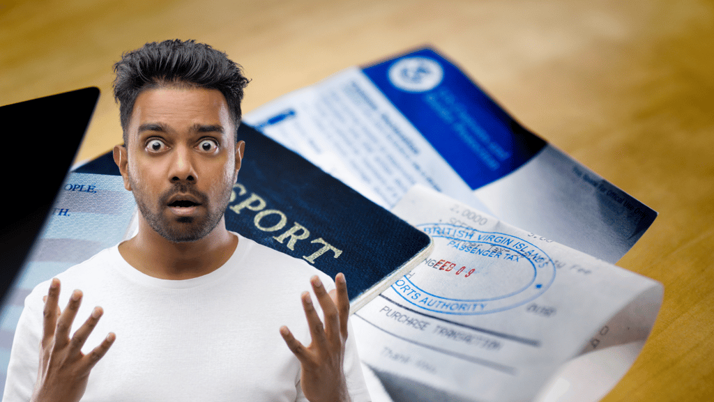 Shocked traveler reacting to new U.S. visa bond policy with passport and documents in the background