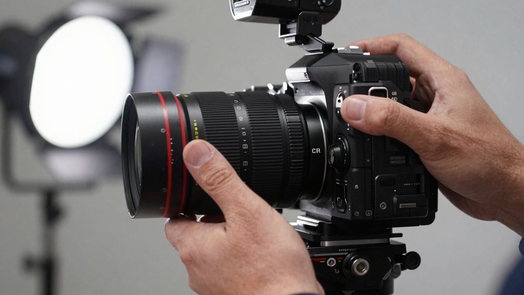 Behind-the-scenes production set, extreme close-up of hands adjusting a lens on a high-end camera rig, harsh studio flash illuminating the metallic textures