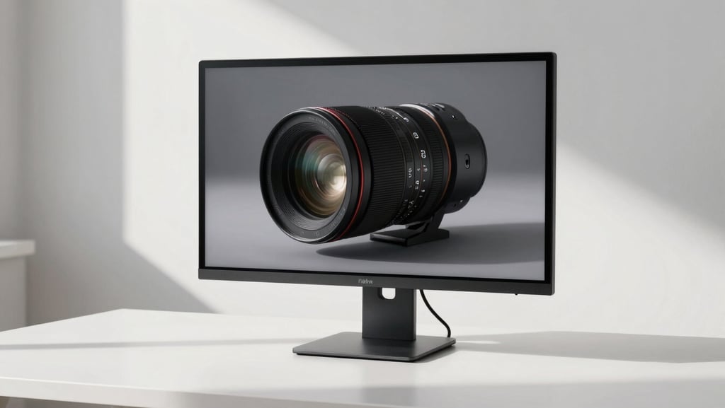 Raw vertical video frames displayed on a premium monitor in a minimalist white studio, high-contrast direct sunlight casting sharp shadows across the desk