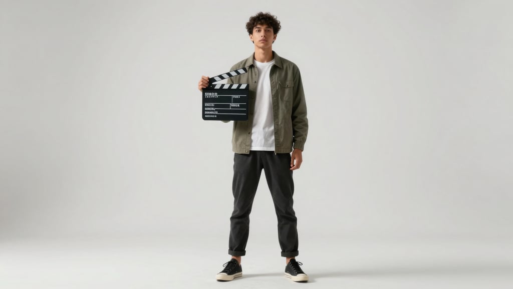 Low-angle heroic portraiture of a model in minimalist streetwear holding a production slate, clean shadowless white-box studio lighting, expansive negative space