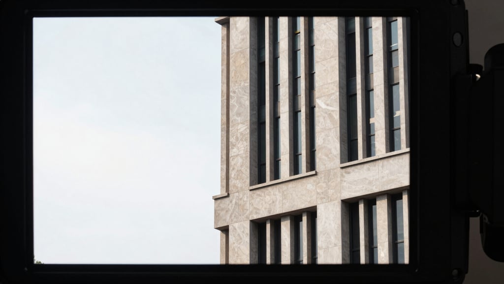 Stark urban architectural details seen through a camera monitor, high-contrast lighting, minimalist composition with expansive negative space on the left