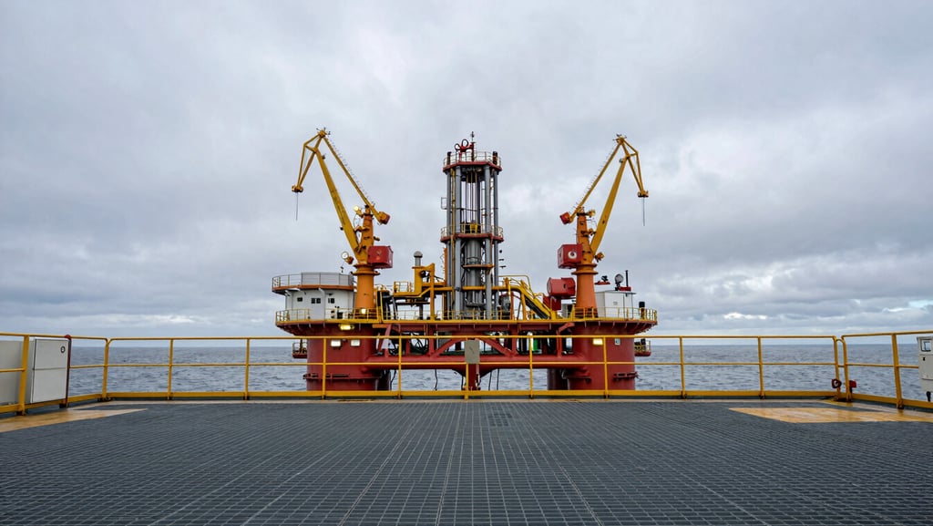 Wide panoramic view from the deck of a North Sea semi-submersible platform, steel grating in the foreground, cranes and riser stacks mid-frame, grey overcast sky, industrial tungsten deck lighting mixing with flat daylight, no crew visible
