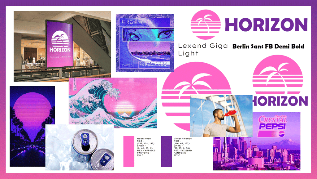 Pink and purple branding moodboard for Horizon Beverages 