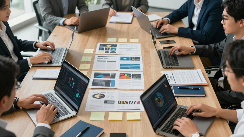 Close overhead shot of a marketing team's planning session on a wide conference table — laptops open to performance dashboards, printed campaign briefs and sticky notes arranged in structured rows, natural office light from the left, deep blue notebooks and silver pens visible