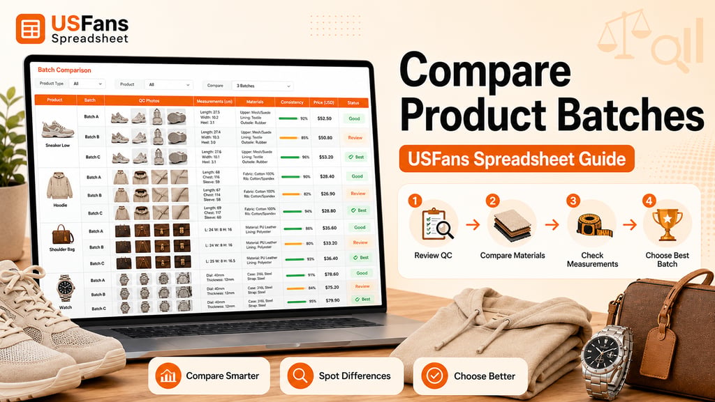 Compare product batches on the USFans Spreadsheet using QC photos, measurements, materials, construc