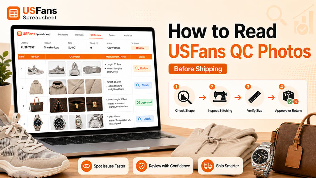 How to read USFans QC photos and inspect product shape, materials, stitching, sizing and visible def