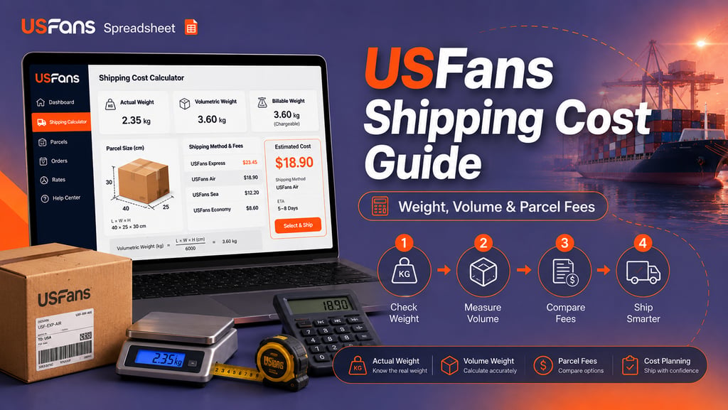 USFans shipping cost guide explaining actual weight, volumetric weight, parcel dimensions, packaging