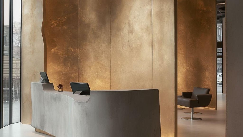Modern luxury hotel lobby with microcement, featuring a curved stone reception desk against a textur
