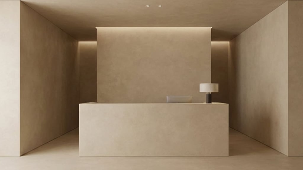 Minimalist reception desk in a modern beige office lobby with warm cove lighting.