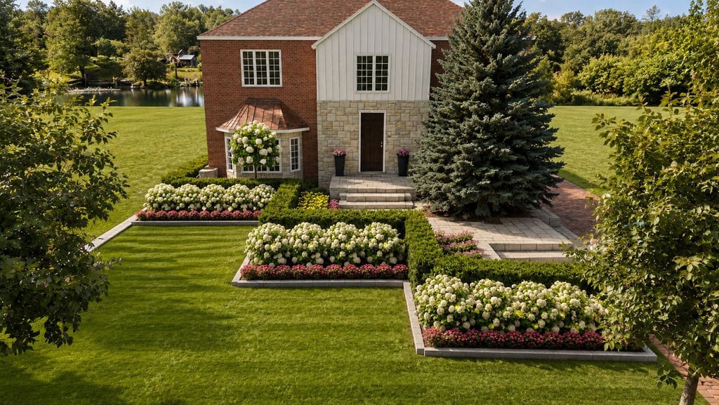 Professional landscaping with white hydrangea flower beds and manicured lawn for a brick home.