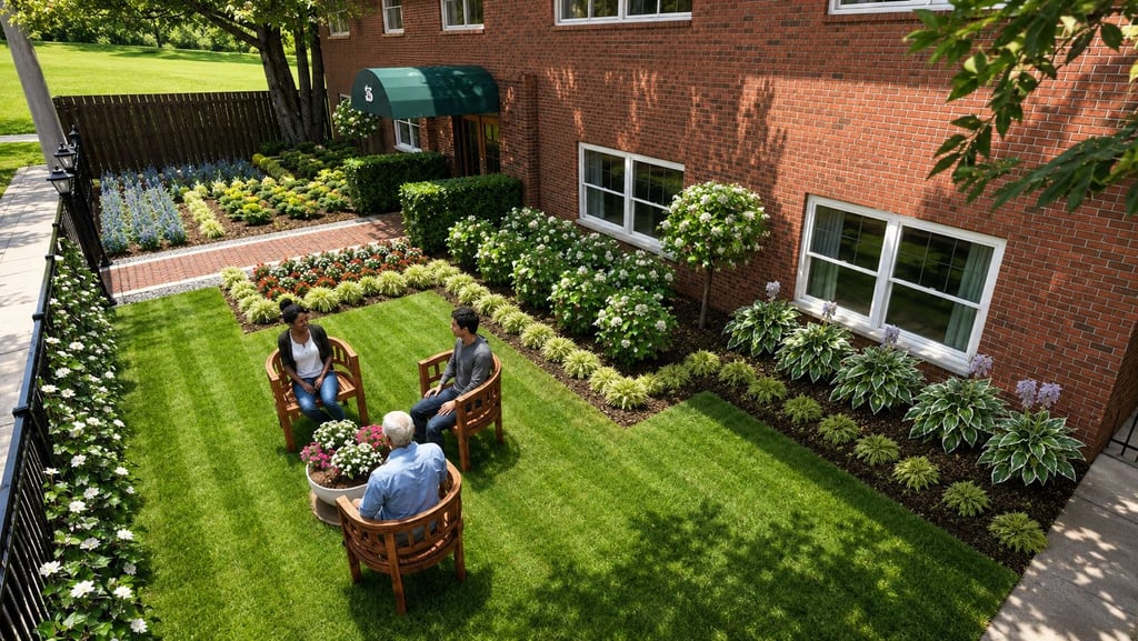 Condo front yard landscape design with brick walkway, seating area, green lawn, and formal garden beds