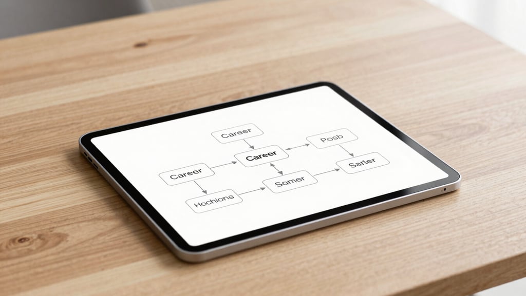 A sleek modern tablet on a light oak table displaying a clean, elegant career path diagram with soft natural lighting.