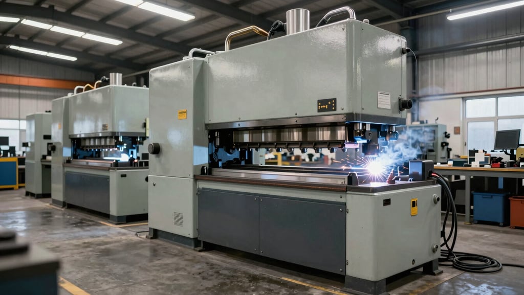 Wide panoramic view of industrial workshop machinery — a hydraulic press and welding station side by side on a concrete floor, hard overhead fluorescent lighting, tools and cables visible, no people, documentary industrial framing