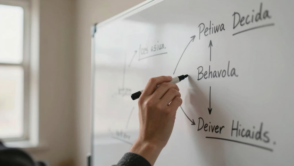 Close-up of a whiteboard covered in handwritten behavioral pattern diagrams and connecting arrows, soft natural window light from the left, a hand holding a marker mid-annotation, warm neutral studio wall in the background