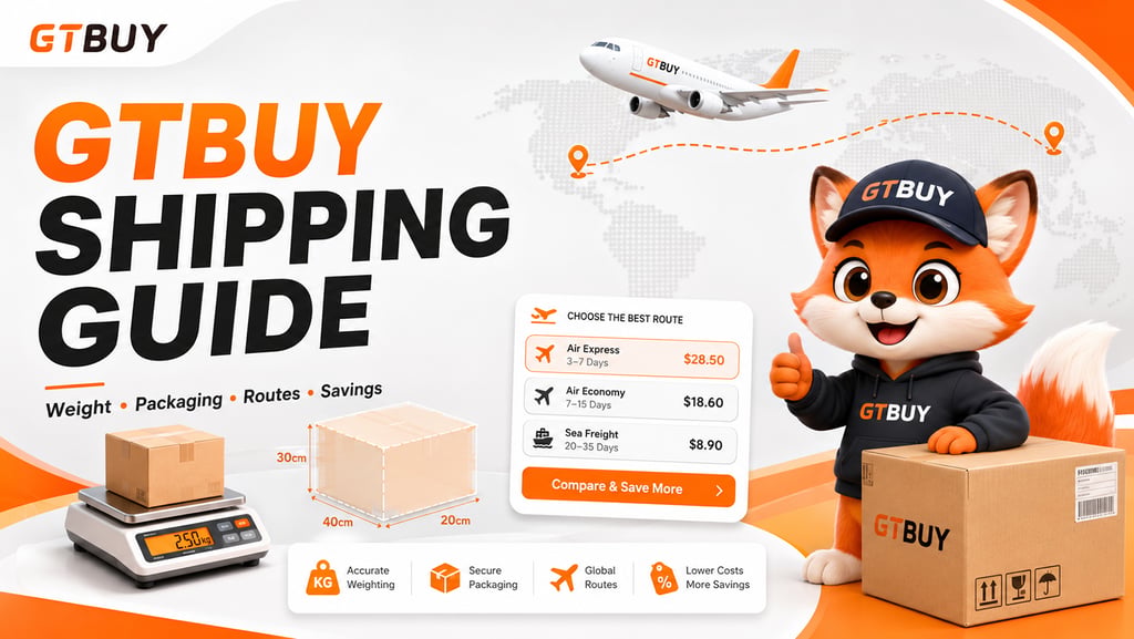 GTBUY shipping guide covering parcel weight, packaging, route comparison, consolidation and internat