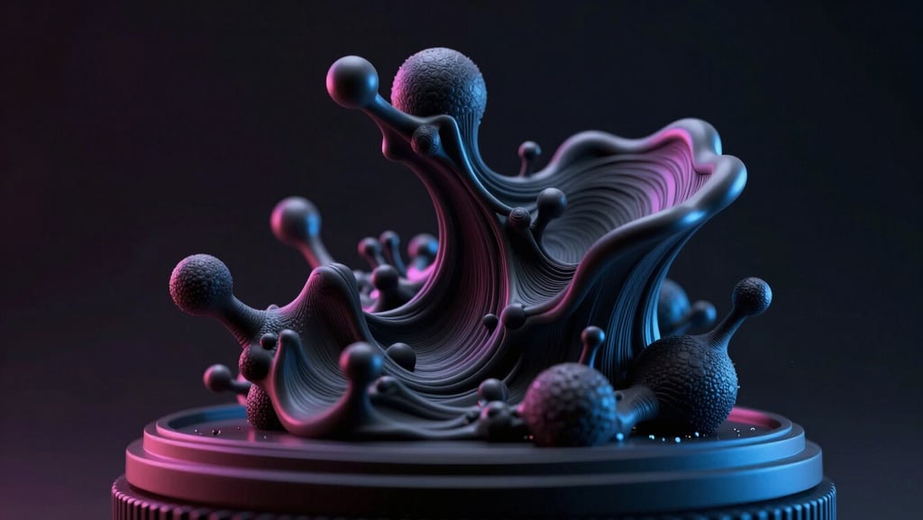 Macro shot of a highly detailed 3D printed fluid sculpture, dramatic chiaroscuro lighting, neon rim lights, ultra-detailed macro lens