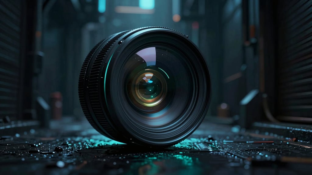 Cinematic video still of a dark futuristic alleyway, neon-cyan rim lighting, dramatic high-contrast chiaroscuro, ultra-detailed macro lens