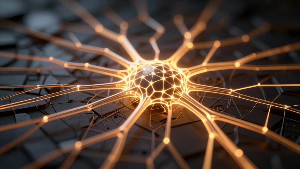 Extreme close-up of a 3D wireframe mesh overlaid with glowing amber neural network paths, dark ambient environment, ultra-detailed macro lens